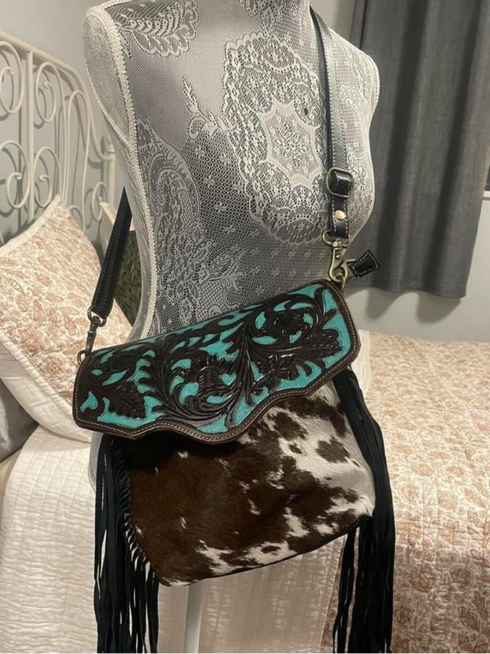 Myra Bag Turquoise & Brown Tooled Leather Fringe Crossbody